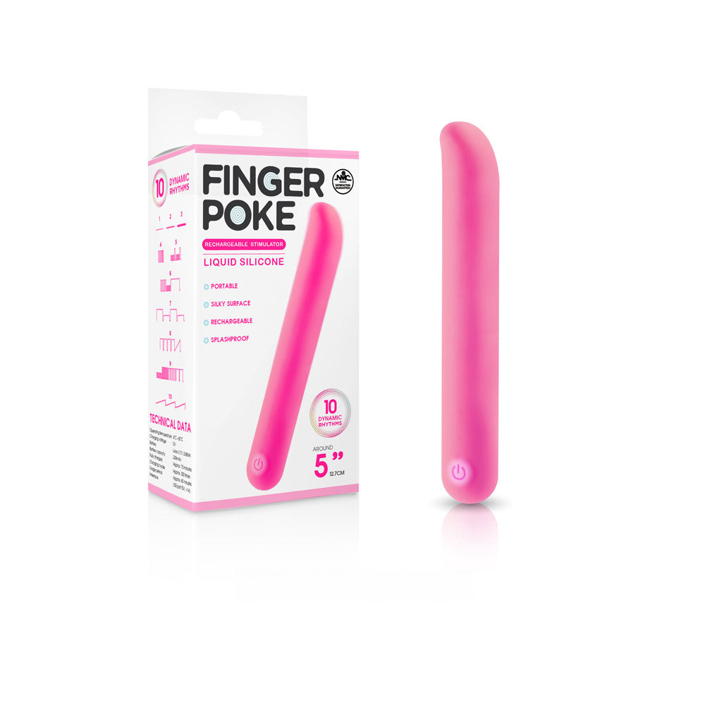 Finger Poke -  -  12.7 cm USB Rechargeable Bullet next to its packaging featuring vibrant pink color and sleek design.