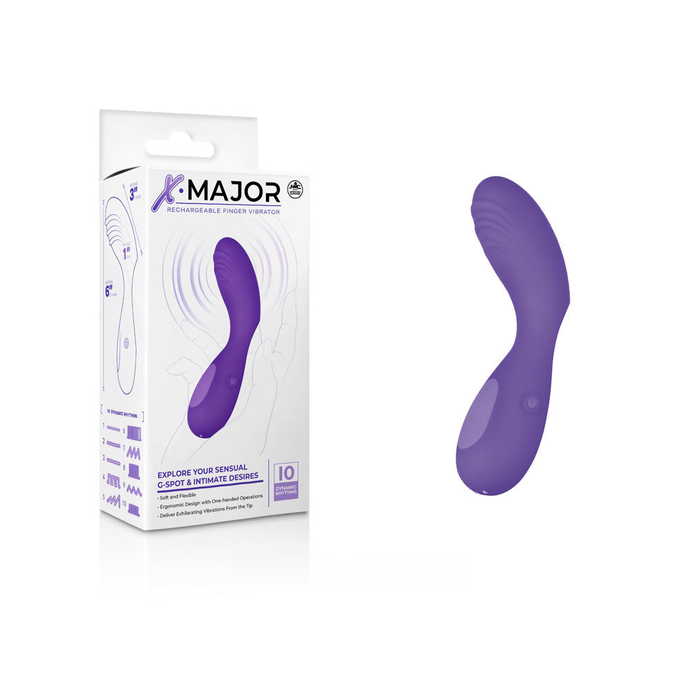 X Major Finger Vibe -  -  USB Rechargeable Finger Stimulator in purple packaging with ergonomically designed stimulator.