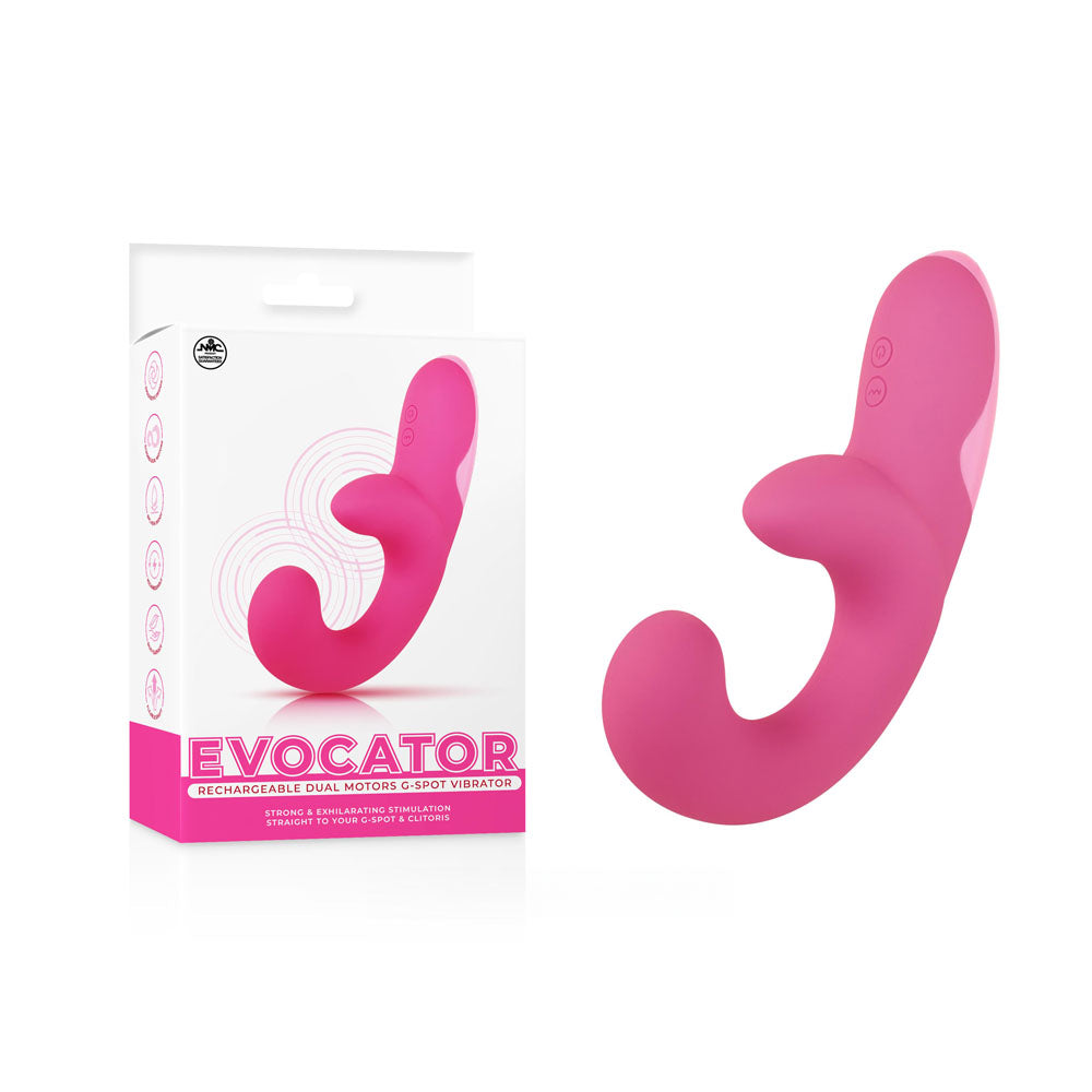Evocator - USB Rechargeable Dual Motor G-Spot Vibrator packaging with pink vibrator design.