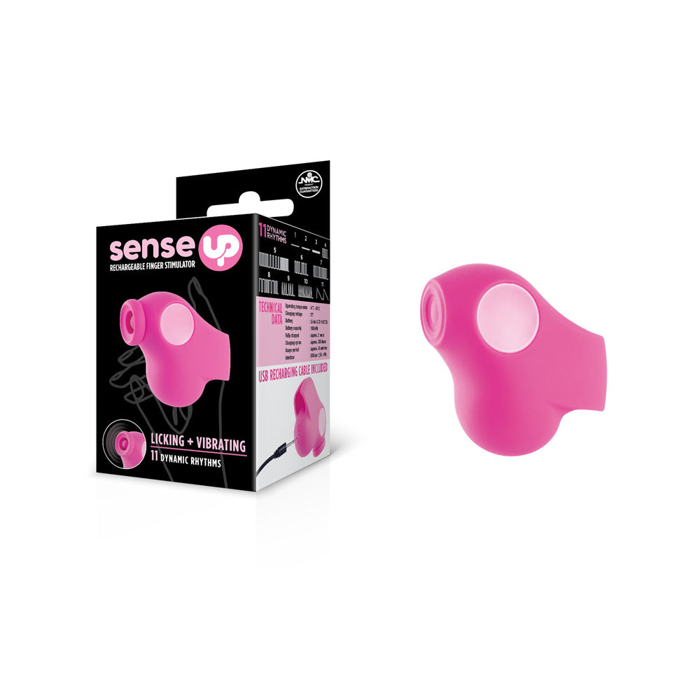 Sense Up -  USB Rechargeable Finger Stimulator in packaging showcasing 11 dynamic licking and vibrating rhythms.