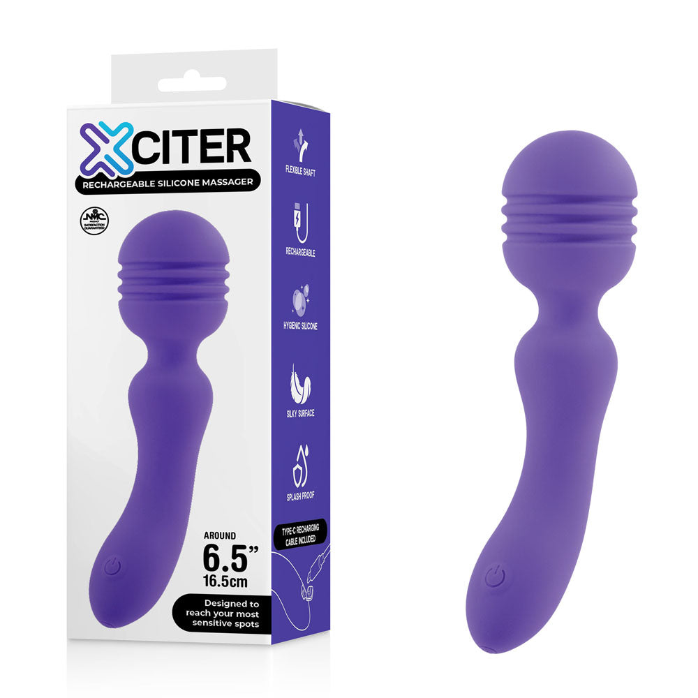 Xciter -  -  16.5 cm USB Rechargeable Massage Wand in purple with packaging, designed for intimate essentials.