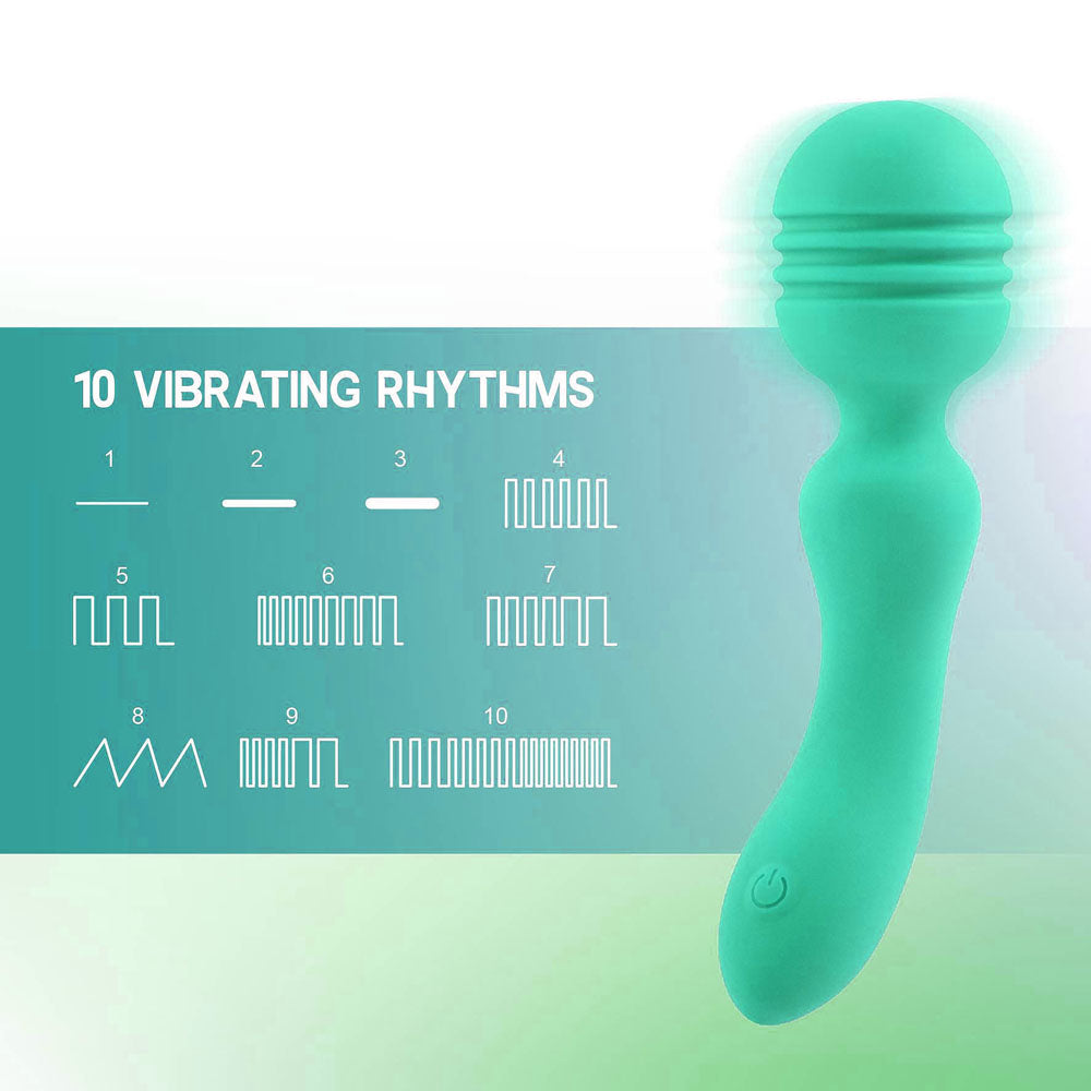 Xciter - Teal - Teal 16.5 cm USB Rechargeable Massage Wand showing 10 vibrating rhythms options.