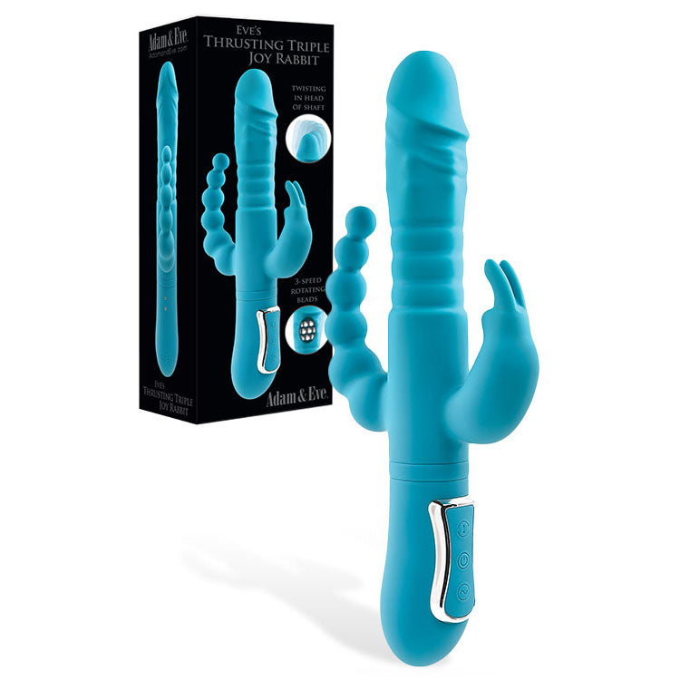 Adam & Eve THRUSTING TRIPLE JOY RABBIT - Teal 25.4 cm USB Rechargeable Rabbit Vibrator with Anal Probe packaging and product.