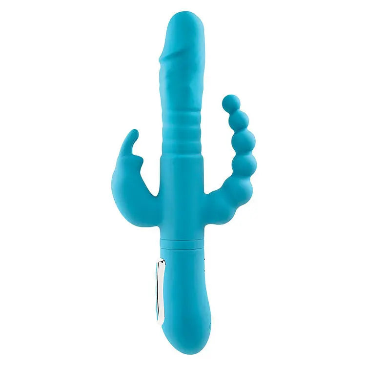 Adam & Eve THRUSTING TRIPLE JOY RABBIT - Teal 25.4 cm USB Rechargeable Rabbit Vibrator with Anal Probe Adam & Eve Discreet Intimate Essentials.