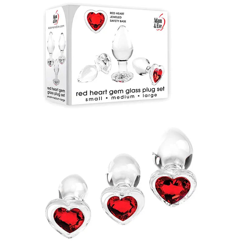 Adam & Eve RED HEART GEM GLASS PLUG SET -  Glass Butt Plugs - Set of 3 Sizes Adam & Eve Discreet Intimate Essentials.