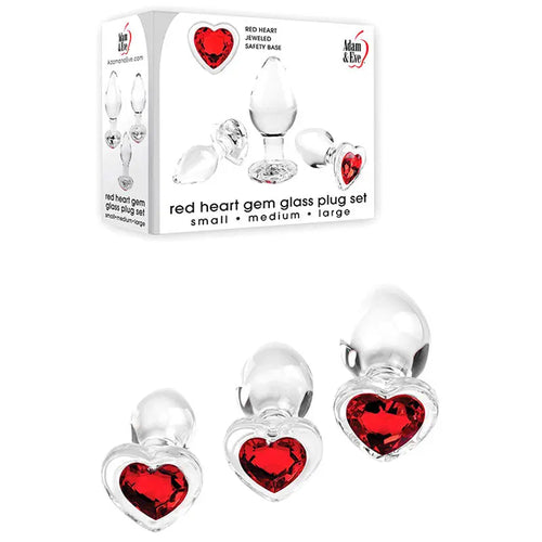 Adam & Eve RED HEART GEM GLASS PLUG SET -  Glass Butt Plugs - Set of 3 Sizes Adam & Eve Discreet Intimate Essentials.