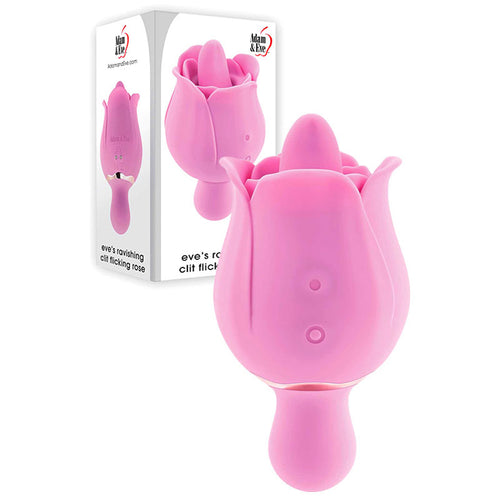 Adam & Eve EVES RAVISHING CLIT FLICKING ROSE - USB Rechargeable Rose Flicking Stimulator in pink with packaging.