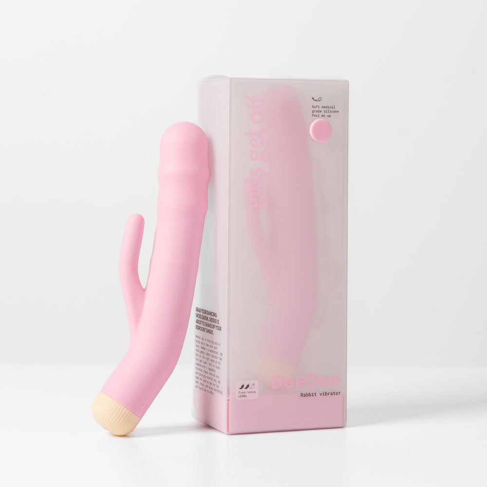 Girls Get Off - DeeDee - 19 cm USB Rechargeable Thrusting Rabbit Vibrator in its packaging.