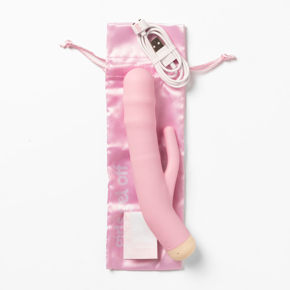 Girls Get Off - DeeDee - 19 cm USB Rechargeable Thrusting Rabbit Vibrator in a pink satin storage pouch with USB cable.