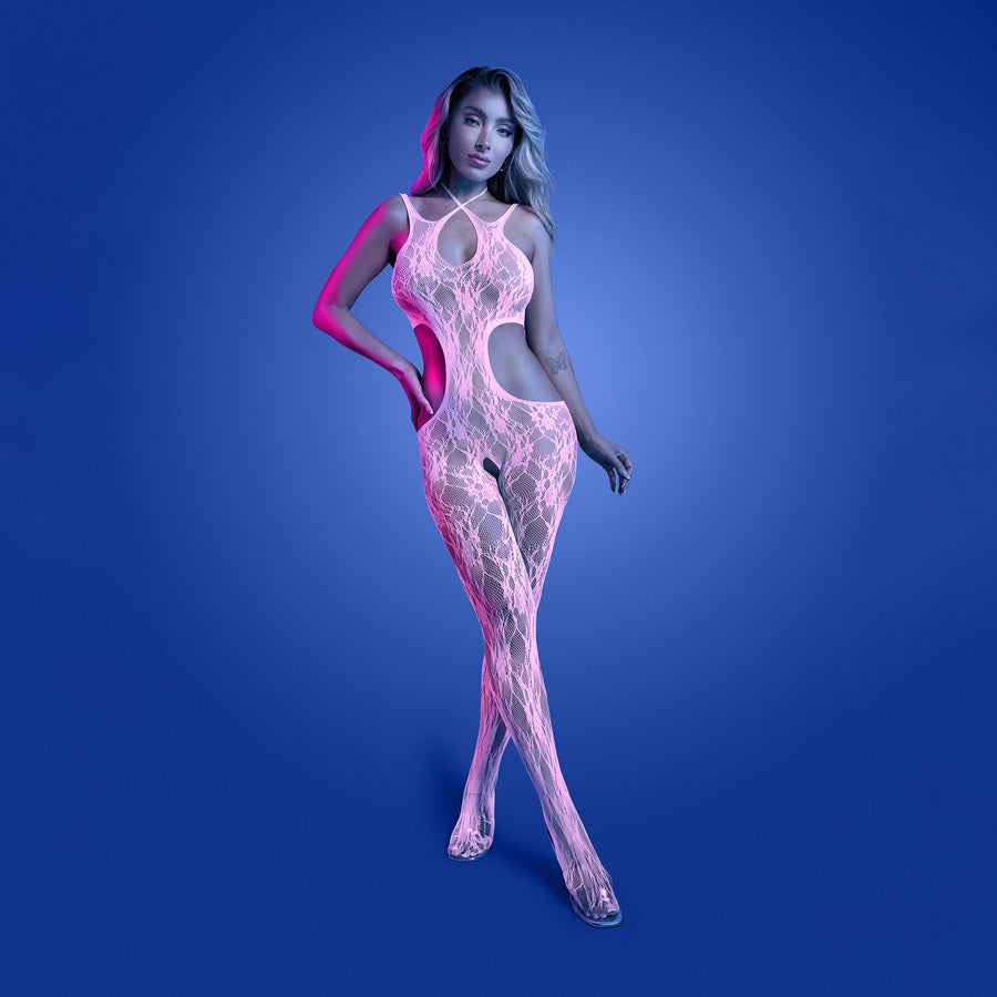 GLOW Equilibrium Bodystocking - OS - Glow In Dark - One Size showcasing lace knit design glowing pink on a model.