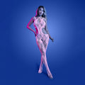 GLOW Equilibrium Bodystocking - OS - Glow In Dark - One Size showcasing lace knit design glowing pink on a model.