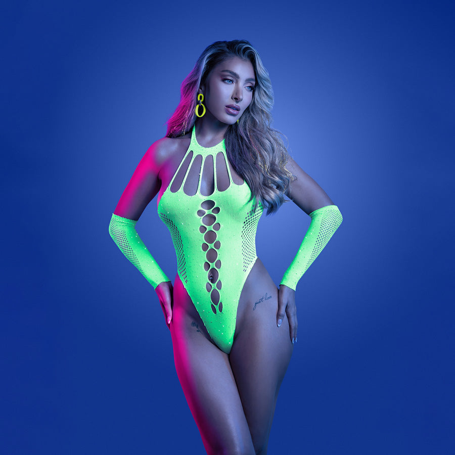 GLOW Pressure Point Teddy - OS - Glow In Dark  - One Size model wearing neon green UV reactive teddy with matching gloves.