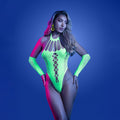 GLOW Pressure Point Teddy - OS - Glow In Dark  - One Size model wearing neon green UV reactive teddy with matching gloves.