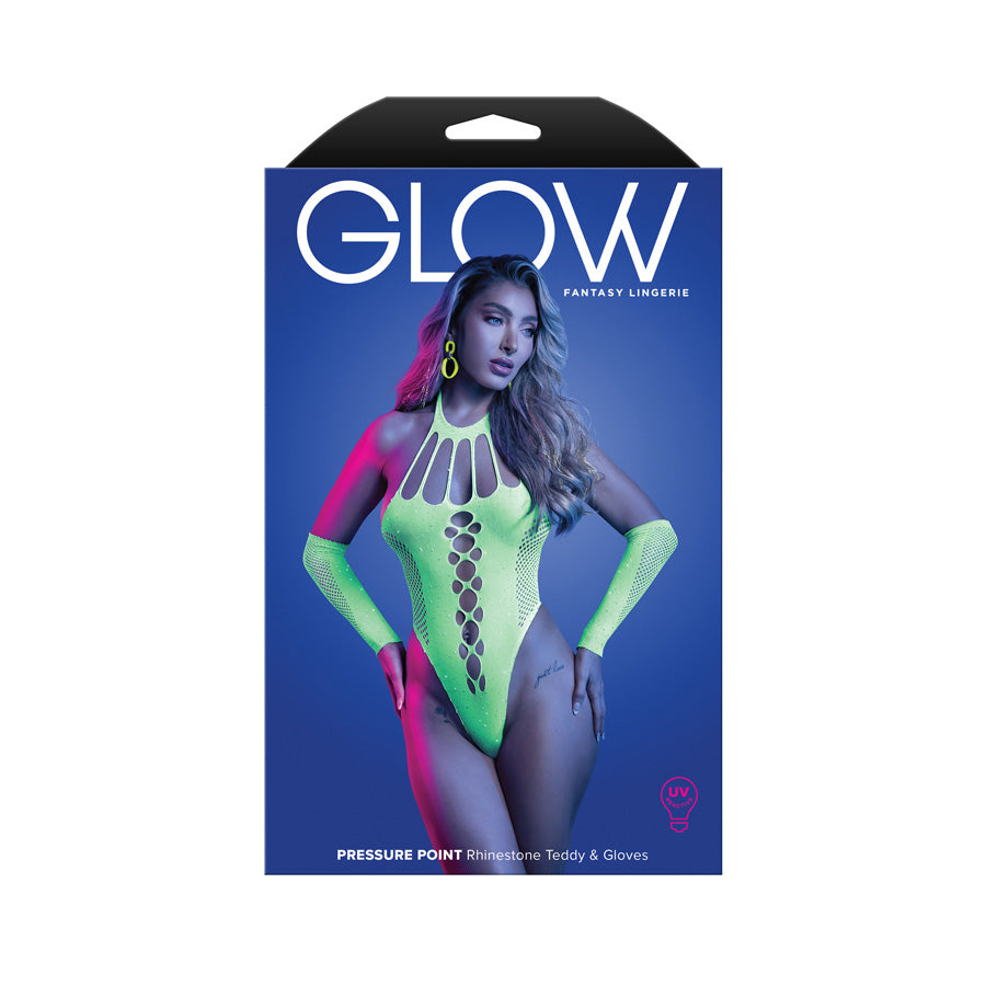 GLOW Pressure Point Teddy - OS - Glow In Dark  - One Size packaging with model wearing neon green lingerie and gloves.