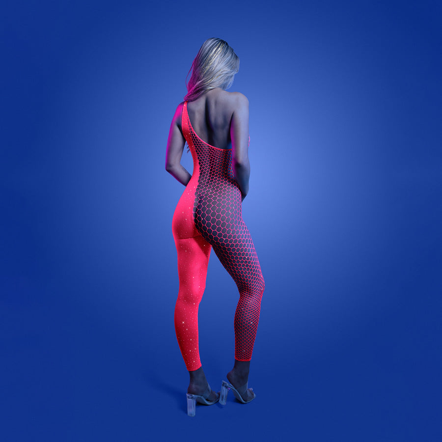 GLOW Hyperdrive Bodystocking - OS - Glow In Dark - One Size, UV reactive rhinestone knit, neon pink bodystocking.