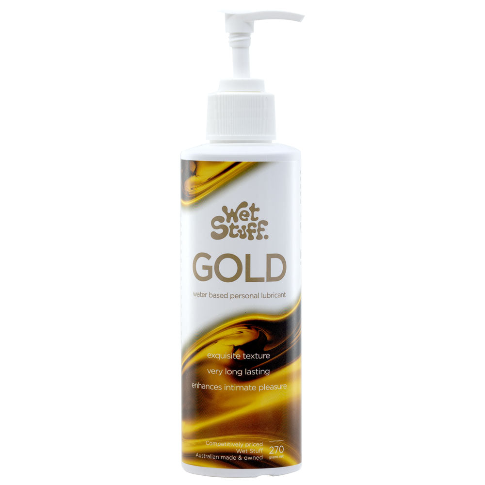 Wet Stuff Gold - 270g Pump - Water Based Lubricant - 270 gram Pump Bottle in a sleek design with pump dispenser.