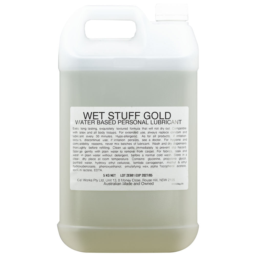 Wet Stuff Gold 5kg Bottle - water-based personal lubricant in a clear bottle, ideal for intimate essentials.