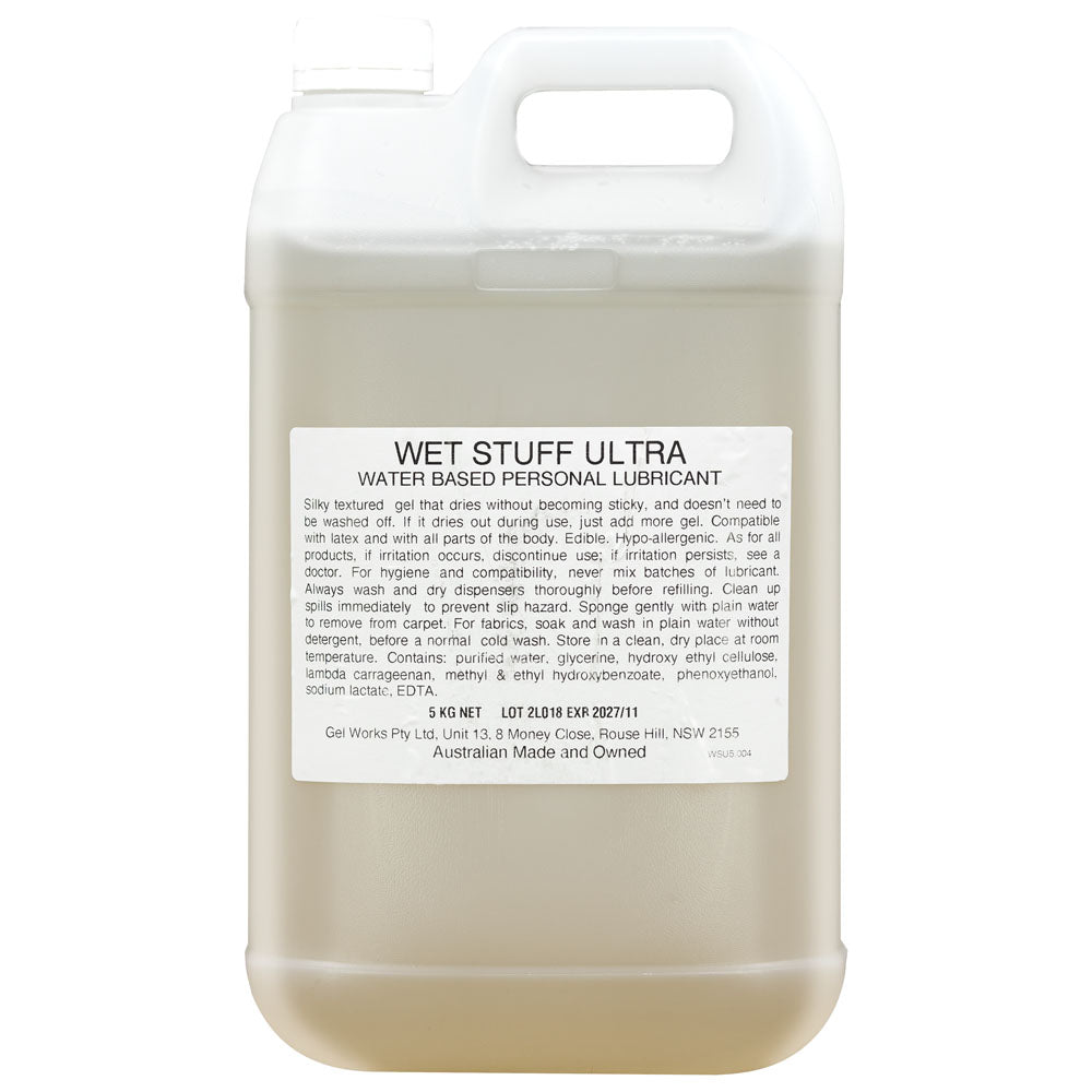 Wet Stuff Ultra - 5 kg - Water Based Lubricant - 5 kg Bottle in a clear container with label.