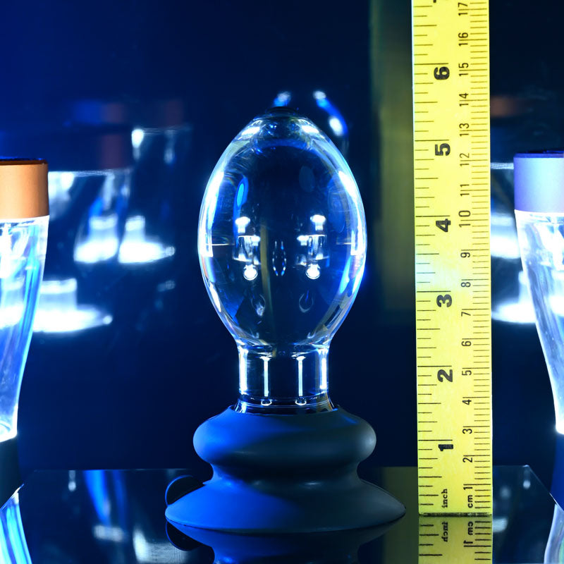 Gender X Crystal Ball -  Glass 13.6 cm Butt Plug with Suction Base displayed with measurement for size reference.