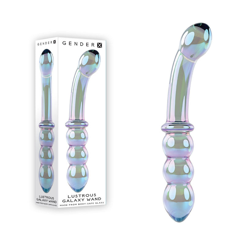 Gender X LUSTROUS GALAXY WAND violet glass 18.5 cm glass double ended massager in packaging.