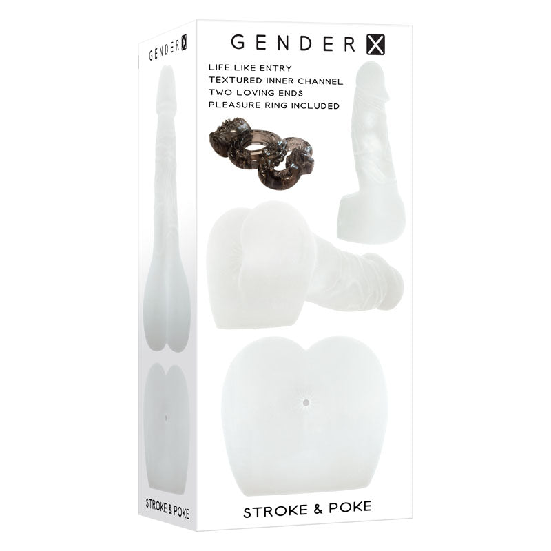 Gender X STROKE & POKE - 20 cm Stroker Dong packaging featuring life-like entry and textured inner channel.