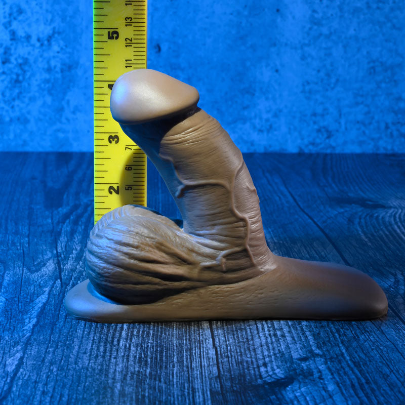 Gender X 4'' SILICONE PACKER DARK -  10 cm Packer displayed with measurement for size reference.