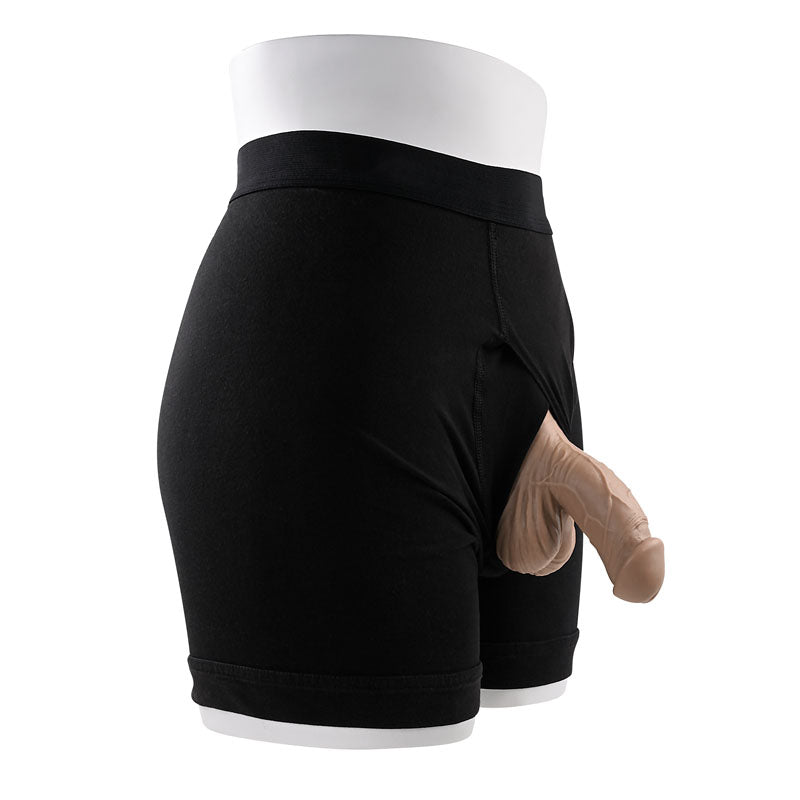 Gender X 4'' SILICONE PACKER MEDIUM - Tan 10 cm Packer in black underwear displayed on mannequin.
