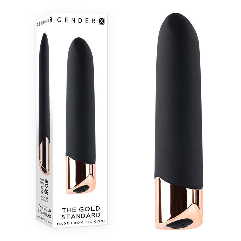 Gender X THE GOLD STANDARD - /Rose Gold 10 cm USB Rechargeable Bullet in packaging with sleek design.