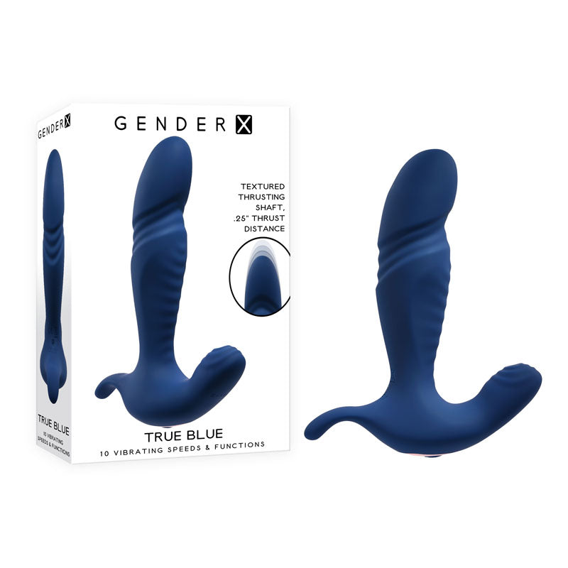 Gender X TRUE  -  13.5 cm USB Rechargeable Thrusting Prostate Massager in textured blue silicone with 10 speeds.