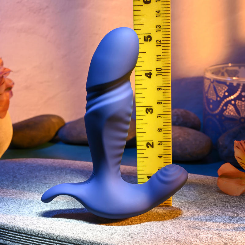 Gender X TRUE -  13.5 cm USB Rechargeable Thrusting Prostate Massager next to a ruler to show size.
