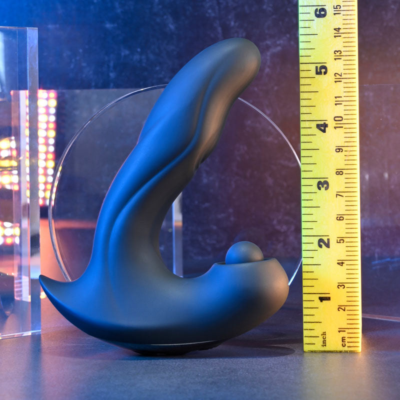 Gender X MAD TAPPER -  USB Rechargeable Double Tapping Vibrating Massager displayed with a measuring tape for size reference.