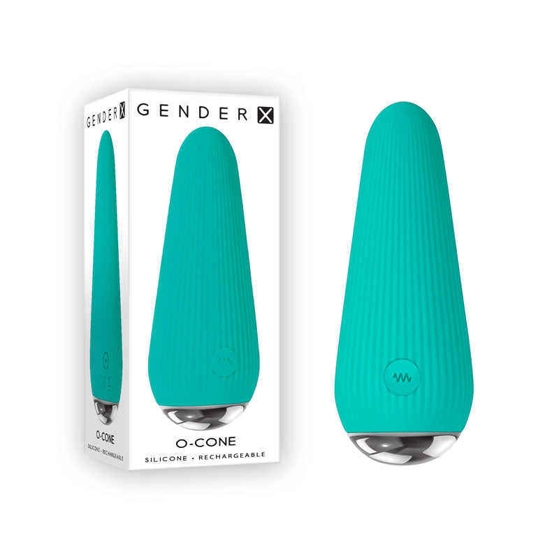 Gender X O-CONE -  10.8 cm (4.25'') USB Rechargeable Bullet in teal, packaging displayed.