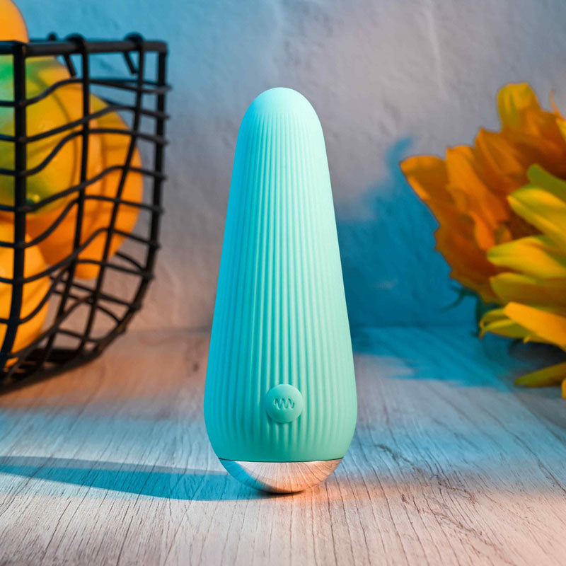 Gender X O-CONE - 10.8 cm (4.25'') USB Rechargeable Bullet in teal with ribbed texture and chrome base.