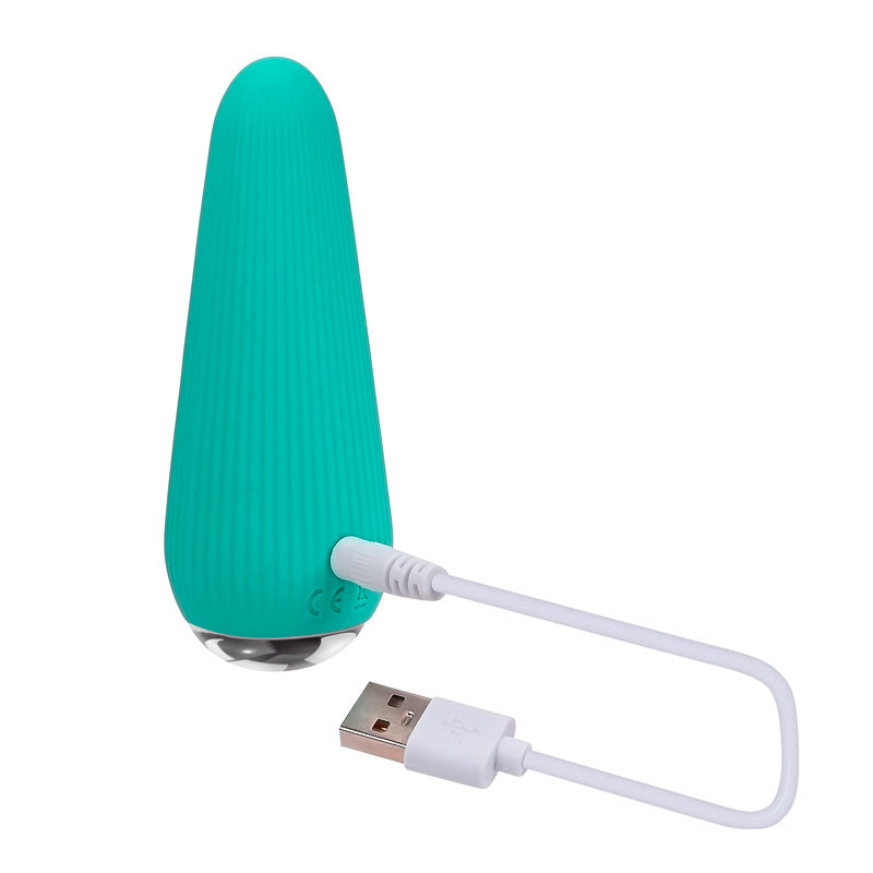 Gender X O-CONE -  10.8 cm (4.25'') USB Rechargeable Bullet in teal with USB charging cable.