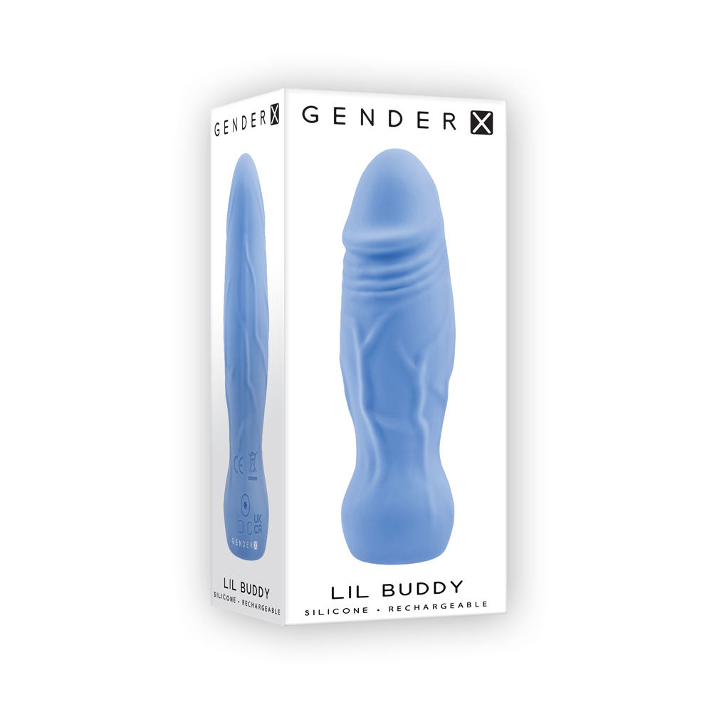 Gender X LIL BUDDY - Light 10.1 cm USB Rechargeable Mini Vibrator in blue silicone packaging.