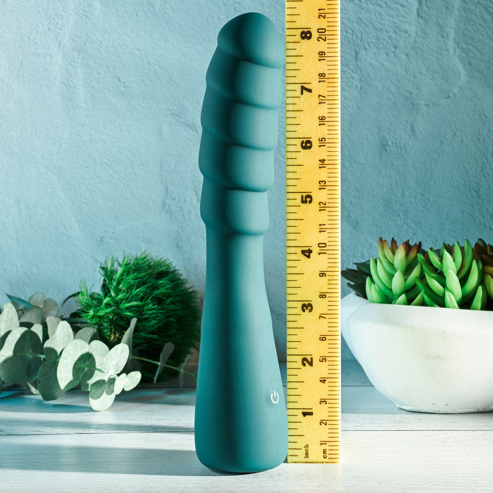 Gender X SCORPION - 21.2 cm USB Rechargeable Vibrator with ribbed design and measuring tools beside it.
