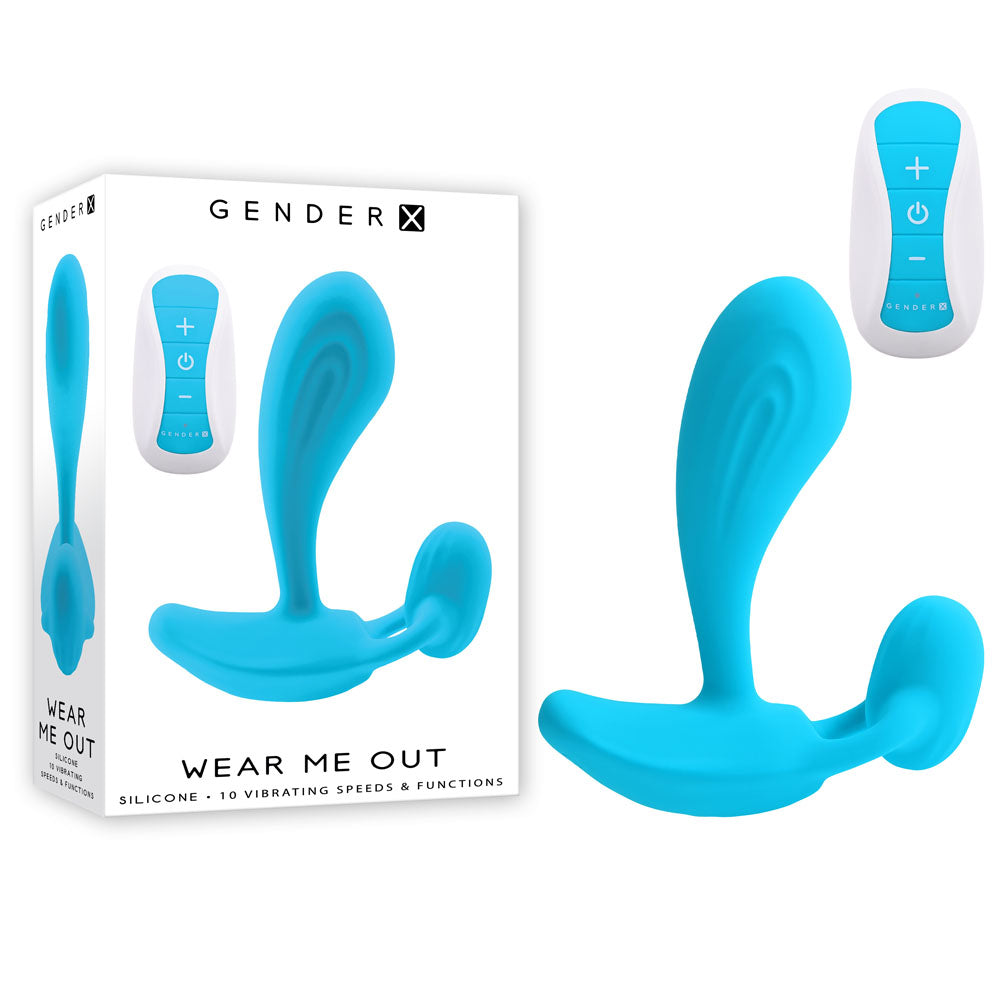 Gender X WEAR ME OUT -  11.1 cm USB Rechargeable Wearable Vibrator with Wireless Remote packaging and product image.