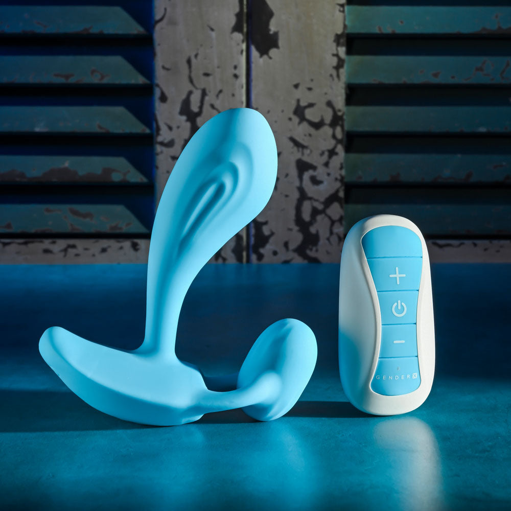 Gender X WEAR ME OUT - 11.1 cm USB Rechargeable Wearable Vibrator with Wireless Remote and controller in blue.