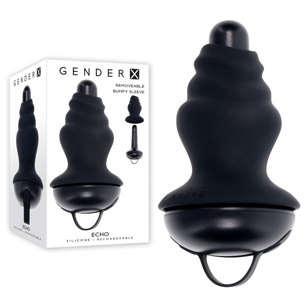 Gender X ECHO - 15.3 cm USB Rechargeable Butt Plug next to its packaging, showcasing its removable bumpy silicone sleeve.