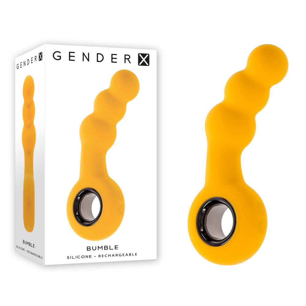 Gender X BUMBLE -  14.9 cm USB Rechargeable Butt Plug in vibrant yellow packaging, showcasing its unique design and features.