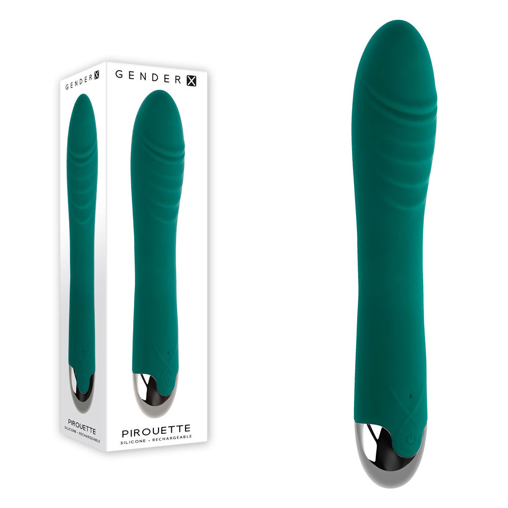 Gender X PIROUETTE - 20.6 cm USB Rechargeable Vibrator in teal silicone packaging and product view.