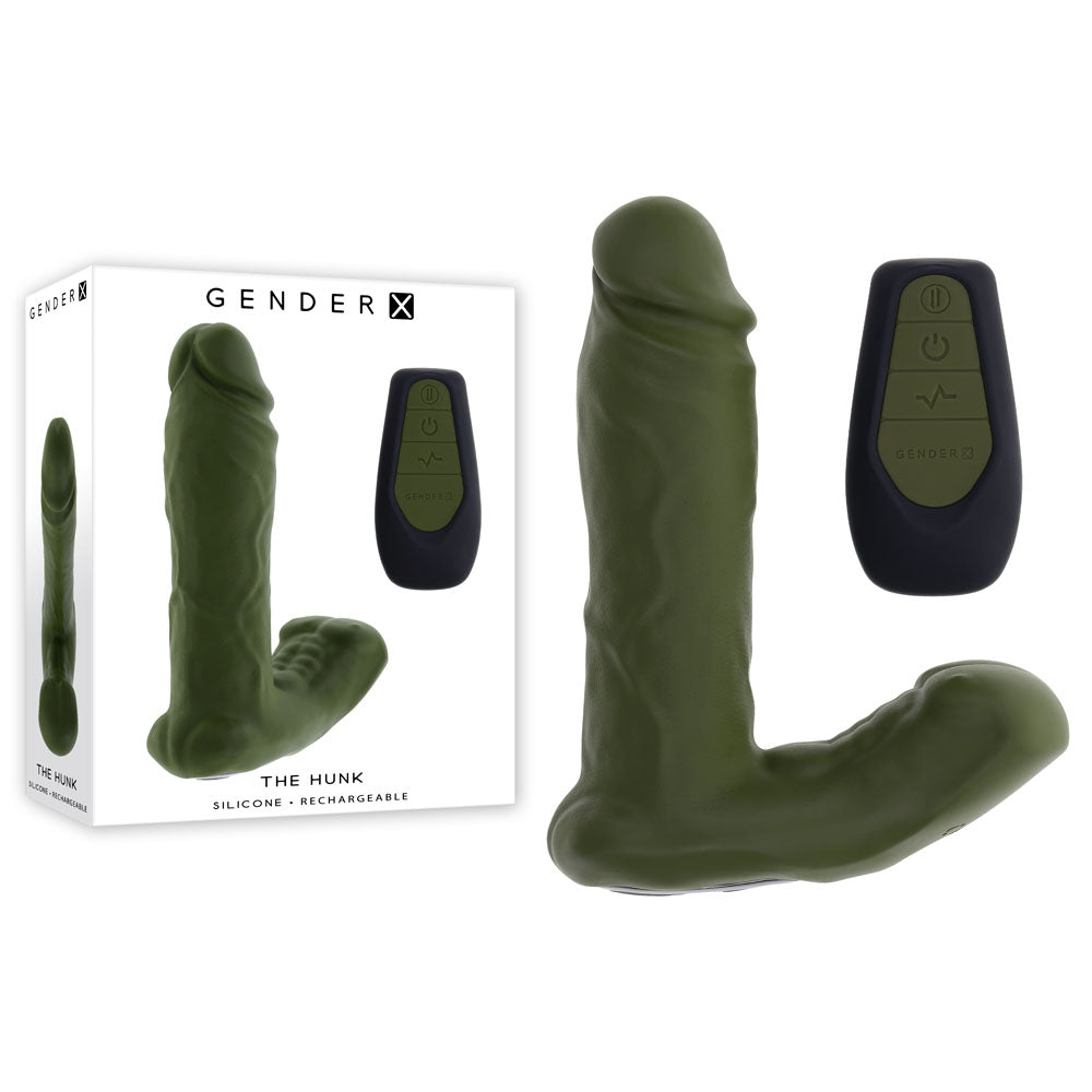 Gender X THE HUNK - 15.2 cm USB rechargeable thrusting vibrator and remote in green silicone packaging.