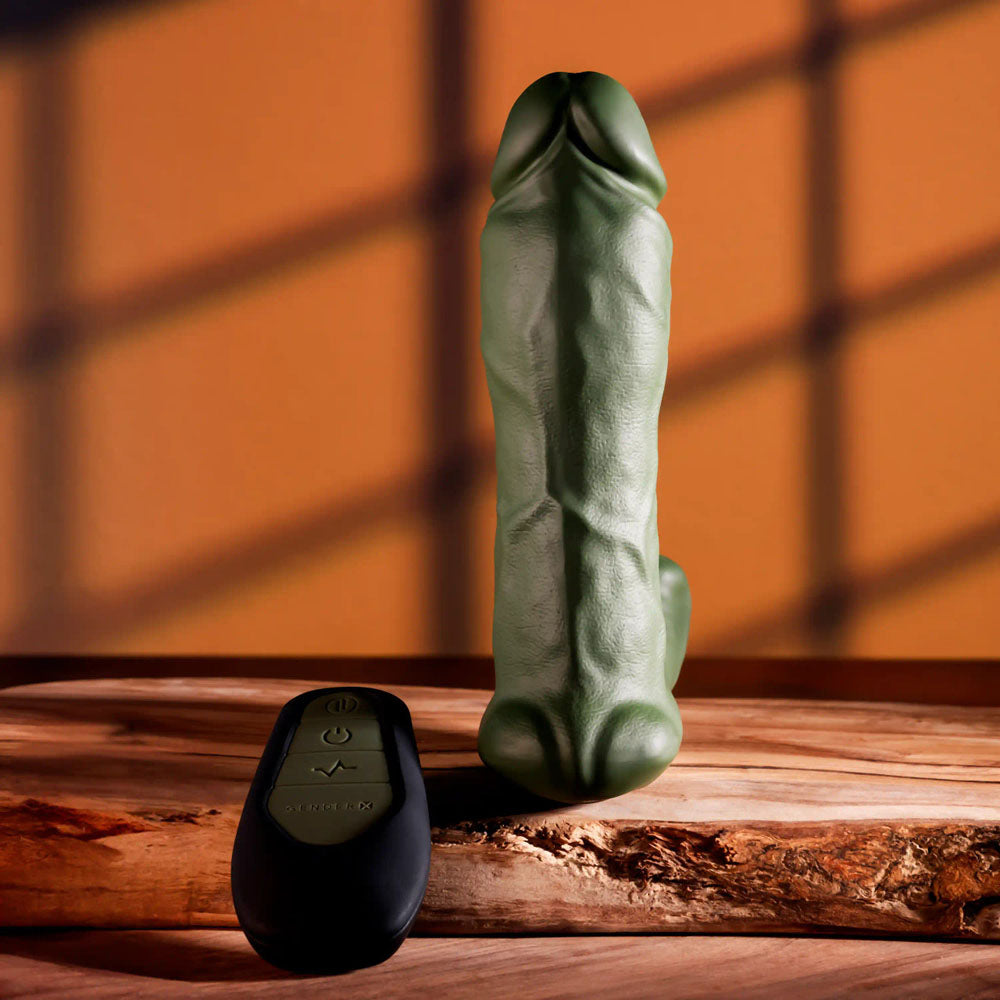 Gender X THE HUNK - 15.2 cm USB rechargeable thrusting vibrator with remote, realistic design, and flexible silicone.