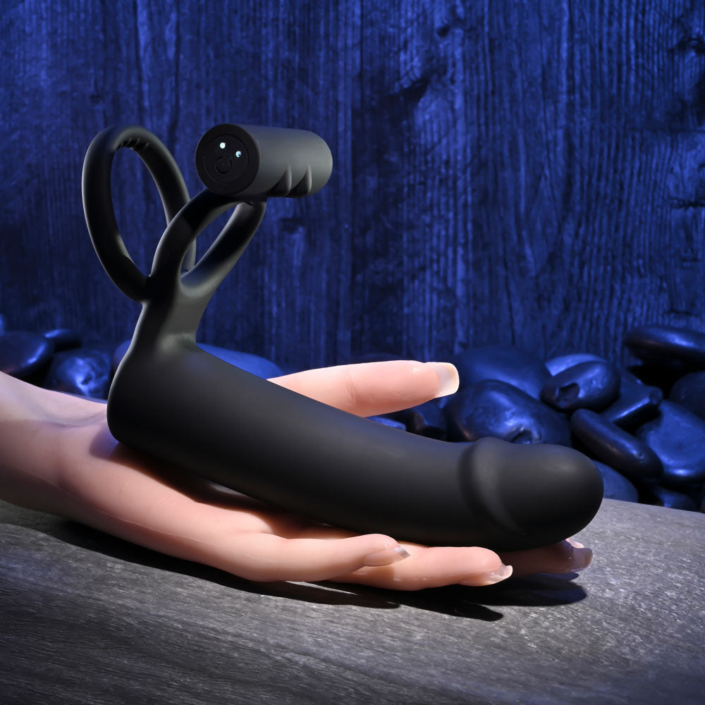 Gender X FULL SWING - USB Rechargeable Vibrating Cock Ring with Double Penetrator Dildo in a stylish setting.