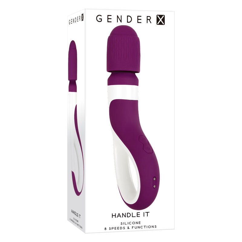 Gender X HANDLE IT - /White USB Rechargeable Massager Wand packaging showing purple color, 8-speed functions for intimate essential.