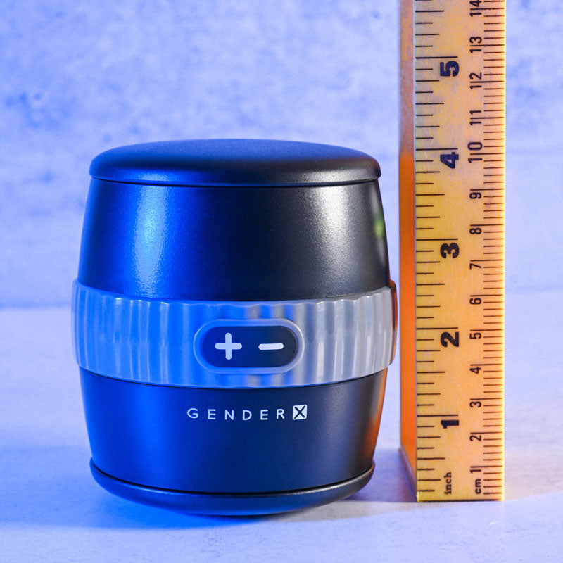 Gender X BARREL OF FUN - USB Rechargeable Stroker next to a ruler for size comparison.