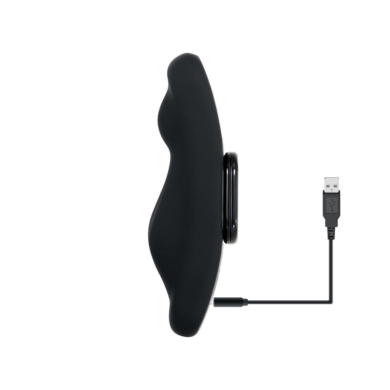Gender X OUR UNDIE VIBE - USB Rechargeable Panty Vibe in black with charging cable connected for easy power.
