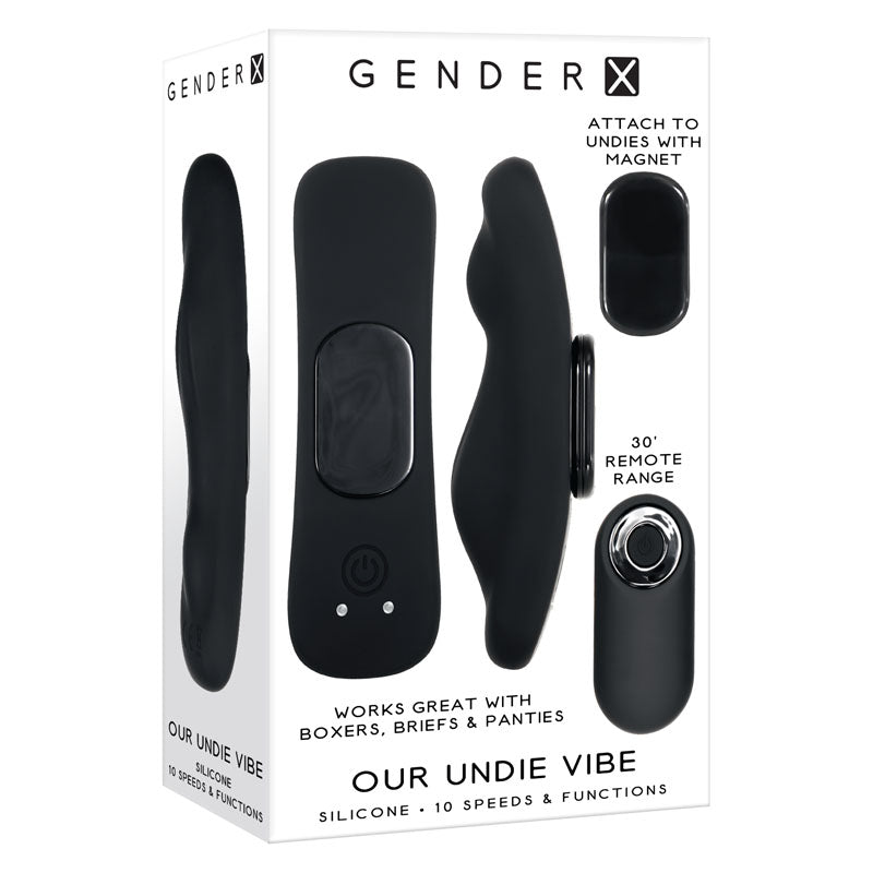 Gender X OUR UNDIE VIBE - USB Rechargeable Panty Vibe package with remote, magnetic attachment and silicone design.