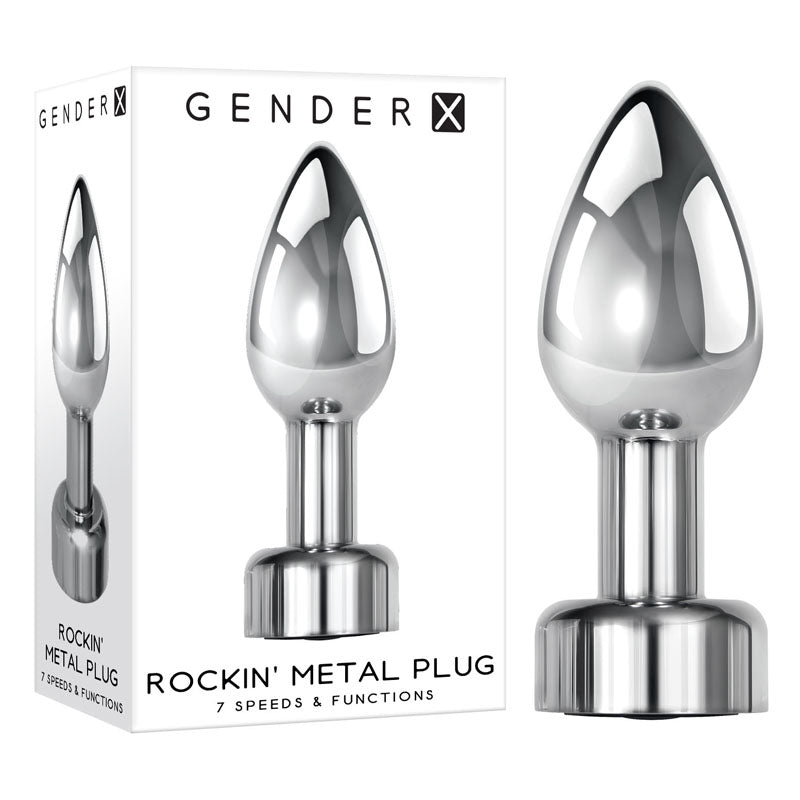 Gender X ROCKIN' METAL PLUG - Metallic 9.3 cm USB Rechargeable Butt Plug with sleek design and packaging.