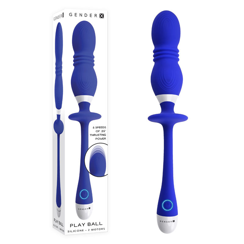 Gender X PLAY BALL rechargeable vibrating orbs with 6 thrusting speeds and flexible design for enhanced pleasure.